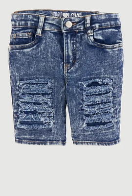 Girls Patch and Repair Distressed Bermuda Shorts, Blue,