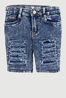 Girls Patch and Repair Distressed Bermuda Shorts, Blue,