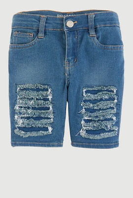 Girls Patch and Repair Distressed Bermuda Shorts, Blue,