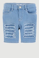 Girls Patch and Repair Distressed Bermuda Shorts, Blue,