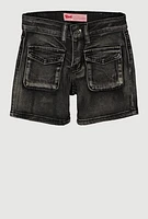 Girls Mineral Wash Cargo Pocket Denim Shorts, Black,