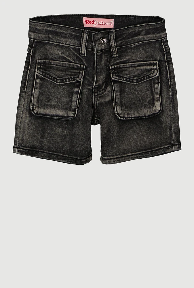 Girls Mineral Wash Cargo Pocket Denim Shorts, Black, Size 8