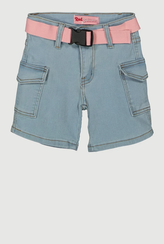 Girls Denim Belted Cargo Shorts, Blue, Size 7
