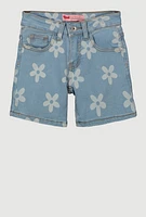 Girls Floral Print Denim Shorts, Blue,
