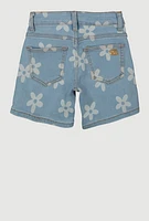 Girls Floral Print Denim Shorts, Blue,