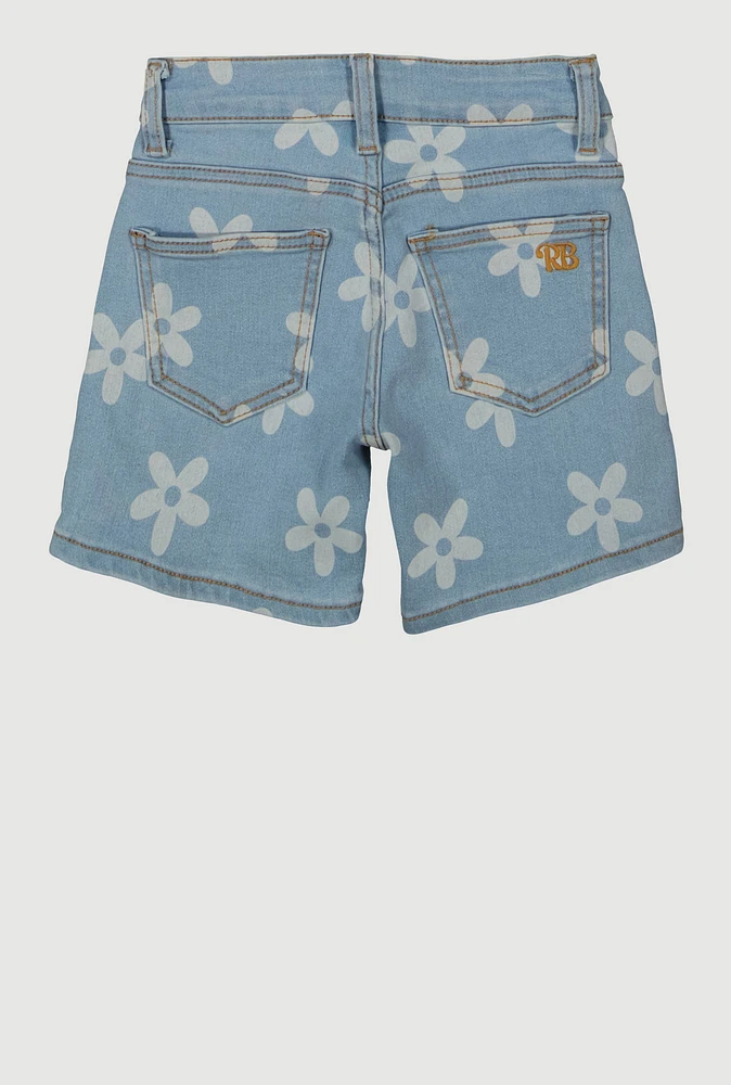 Girls Floral Print Denim Shorts, Blue, Size 16