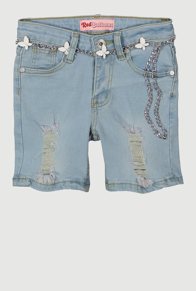 Girls Belted Distressed Denim Shorts, Blue, Size 10