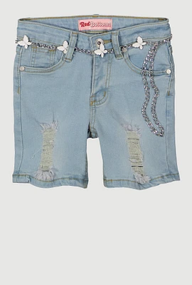 Girls Belted Distressed Denim Shorts, Blue, Size 10