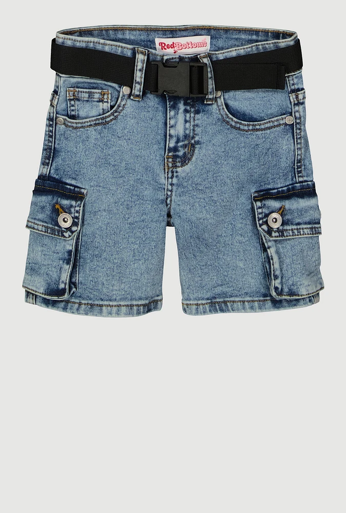 Girls Mineral Wash Belted Cargo Denim Shorts, Blue,