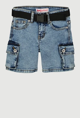 Girls Mineral Wash Belted Cargo Denim Shorts, Blue,