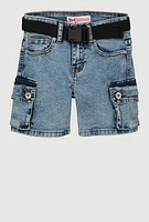 Girls Mineral Wash Belted Cargo Denim Shorts, Blue,