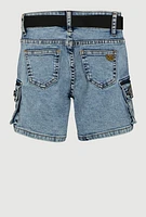 Girls Mineral Wash Belted Cargo Denim Shorts, Blue,