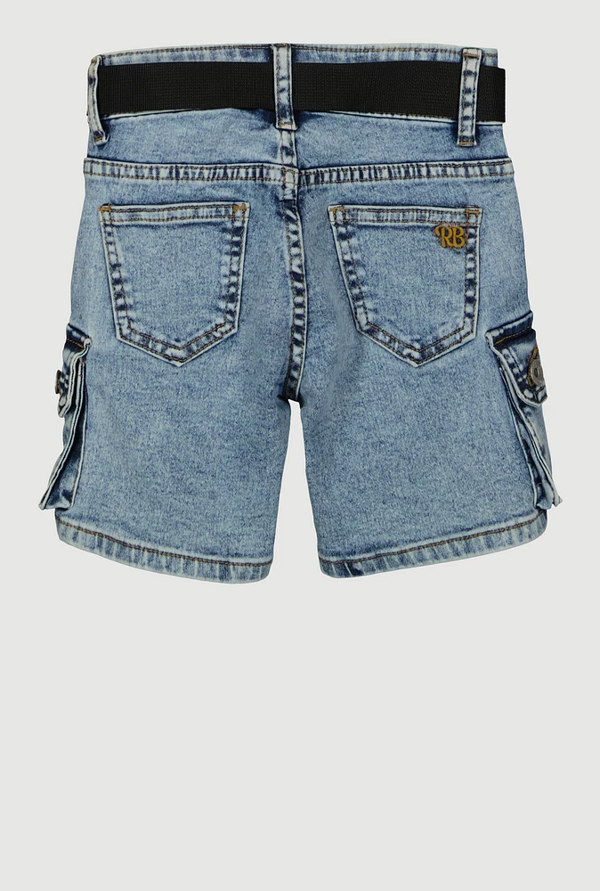 Girls Mineral Wash Belted Cargo Denim Shorts, Blue, Size 8