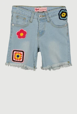 Girls Patch Graphic Denim Shorts, Blue,