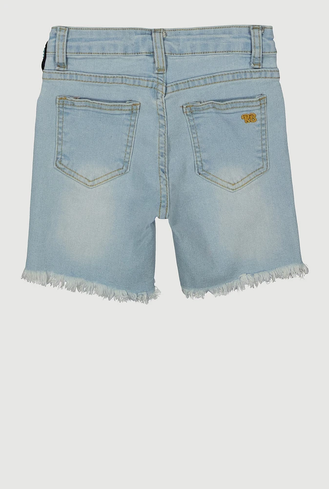 Girls Patch Graphic Denim Shorts, Blue, Size 10