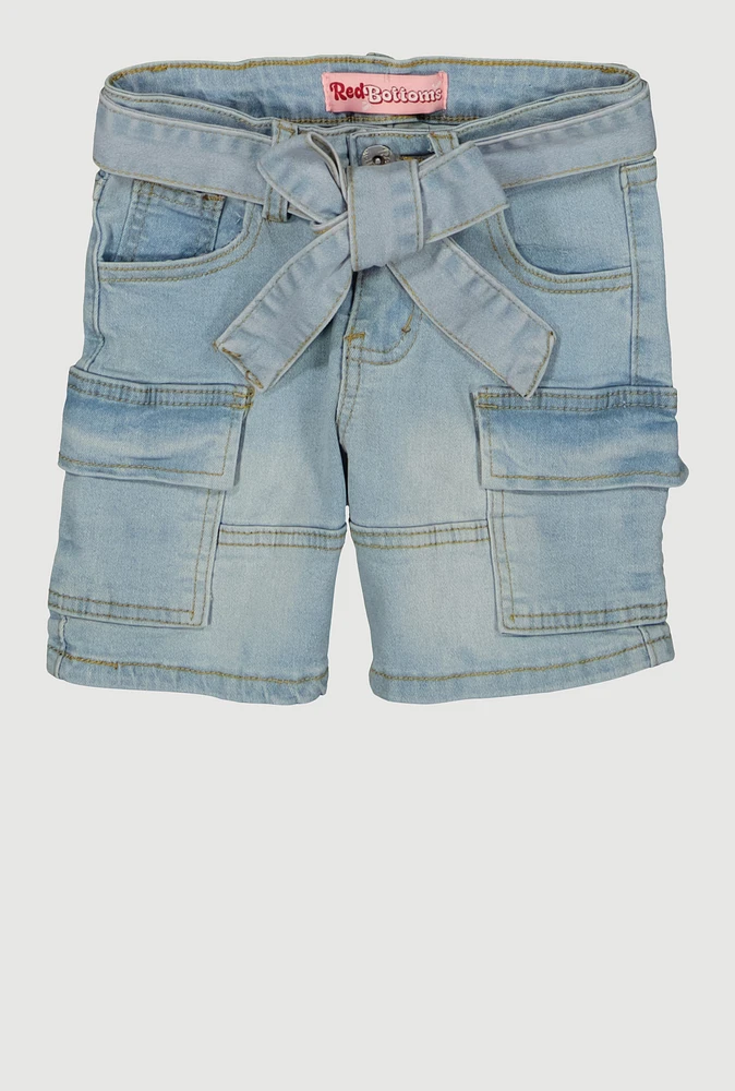 Girls Tie Waist Belted Bermuda Cargo Shorts, Blue, Size 7