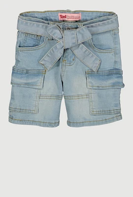 Girls Tie Waist Belted Bermuda Cargo Shorts, Blue, Size 7
