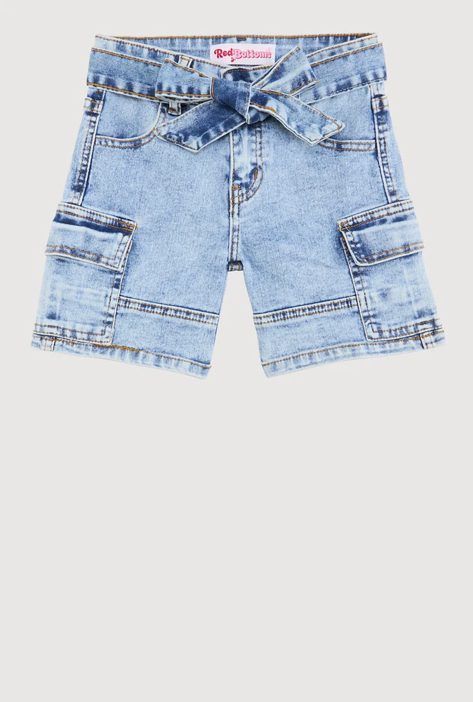 Girls Denim Belted Cargo Pocket Shorts, Blue, Size 10