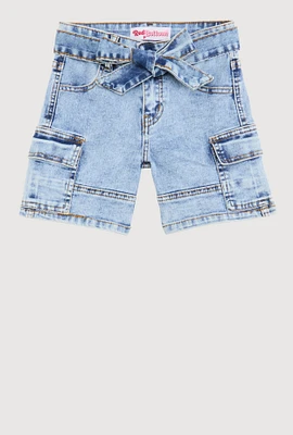 Girls Denim Belted Cargo Pocket Shorts, Blue, Size 7