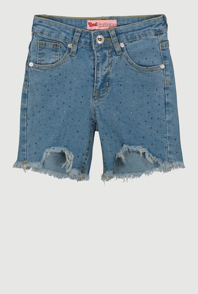 Girls Studded Frayed Hem Denim Shorts, Blue,