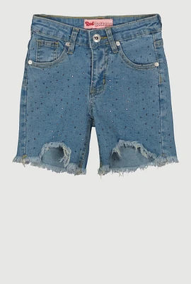 Girls Studded Frayed Hem Denim Shorts, Blue,