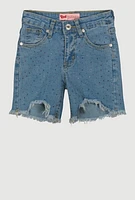 Girls Studded Frayed Hem Denim Shorts, Blue,