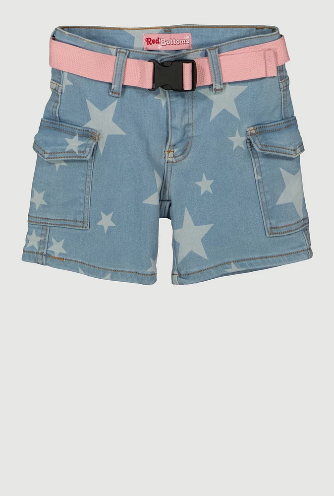 Girls Belted Star Print Denim Cargo Shorts, Blue,