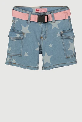 Girls Belted Star Print Denim Cargo Shorts, Blue,