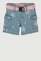 Girls Belted Star Print Denim Cargo Shorts, Blue,