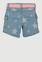 Girls Belted Star Print Denim Cargo Shorts, Blue,