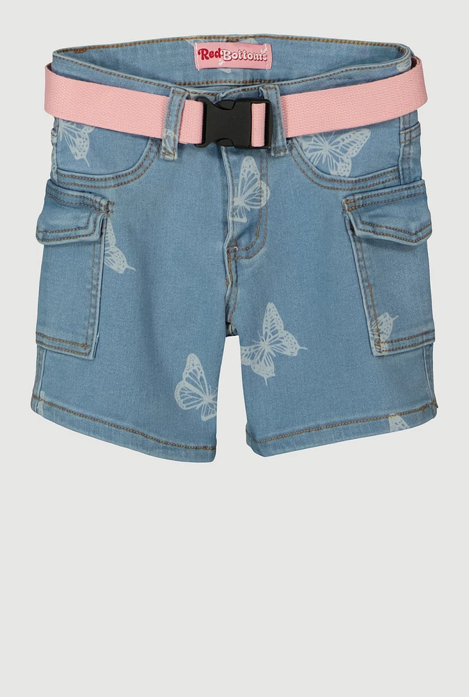 Girls Butterfly Belted Cargo Denim Shorts, Blue,