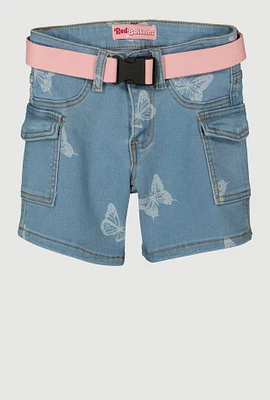 Girls Butterfly Belted Cargo Denim Shorts, Blue,