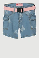 Girls Butterfly Belted Cargo Denim Shorts, Blue,