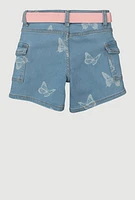 Girls Butterfly Belted Cargo Denim Shorts, Blue, Size 14