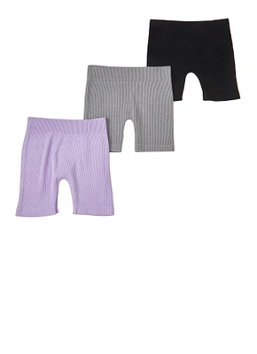 Little Girls Basic Seamless Ribbed Knit Biker Shorts 3 Pack, Purple, Size 5-6