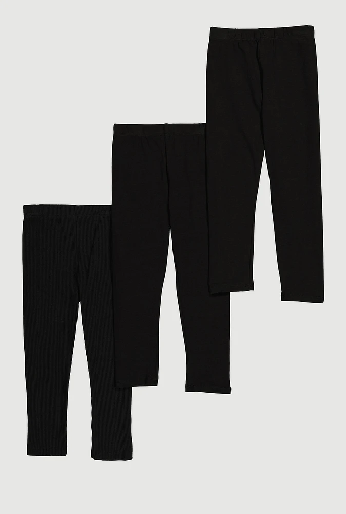 Little Girls Ribbed Knit Leggings Set of 3, Black,