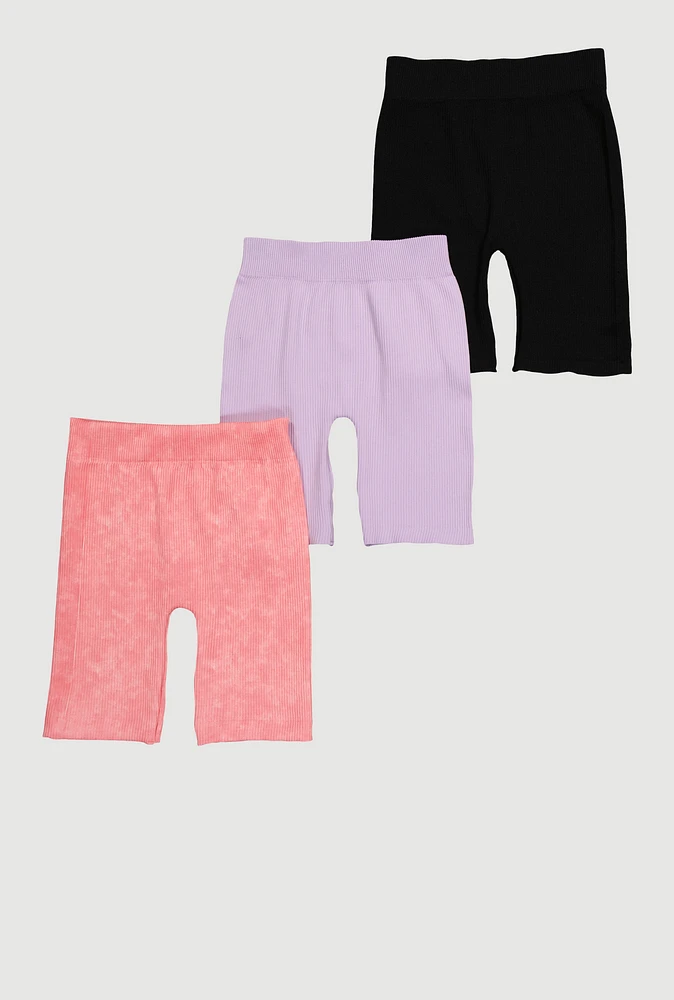 Girls Ribbed Knit Seamless Bike Shorts 3 Pack, Multi, Size 14-16