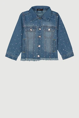 Little Girls Rhinestone Studded Frayed Denim Jacket, Blue, Size 5-6