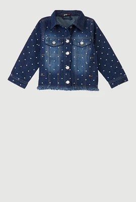 Little Girls Rhinestone Studded Frayed Denim Jacket, Blue, Size 5-6