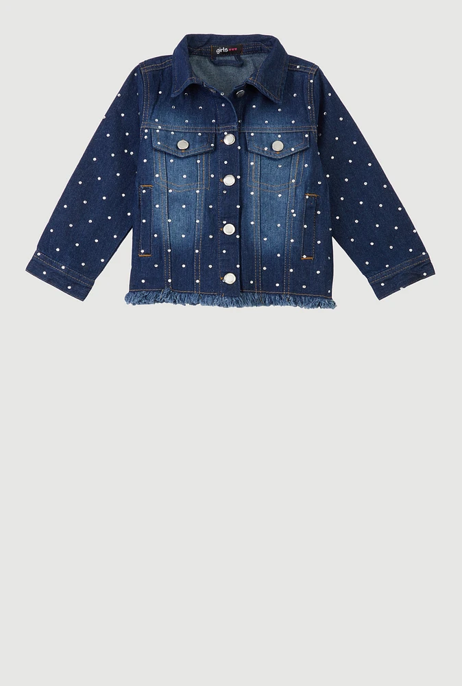 Little Girls Rhinestone Studded Frayed Denim Jacket, Blue, Size 5-6