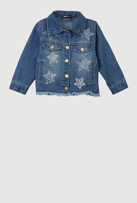 Little Girls Rhinestone Star Frayed Denim Jacket, Blue, Size 5-6