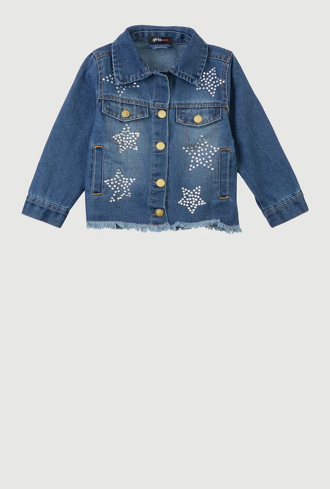 Little Girls Rhinestone Star Frayed Denim Jacket, Blue, Size 5-6
