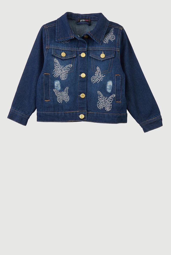 Little Girls Rhinestone Butterfly Distressed Denim Jacket, Blue, Size 6X