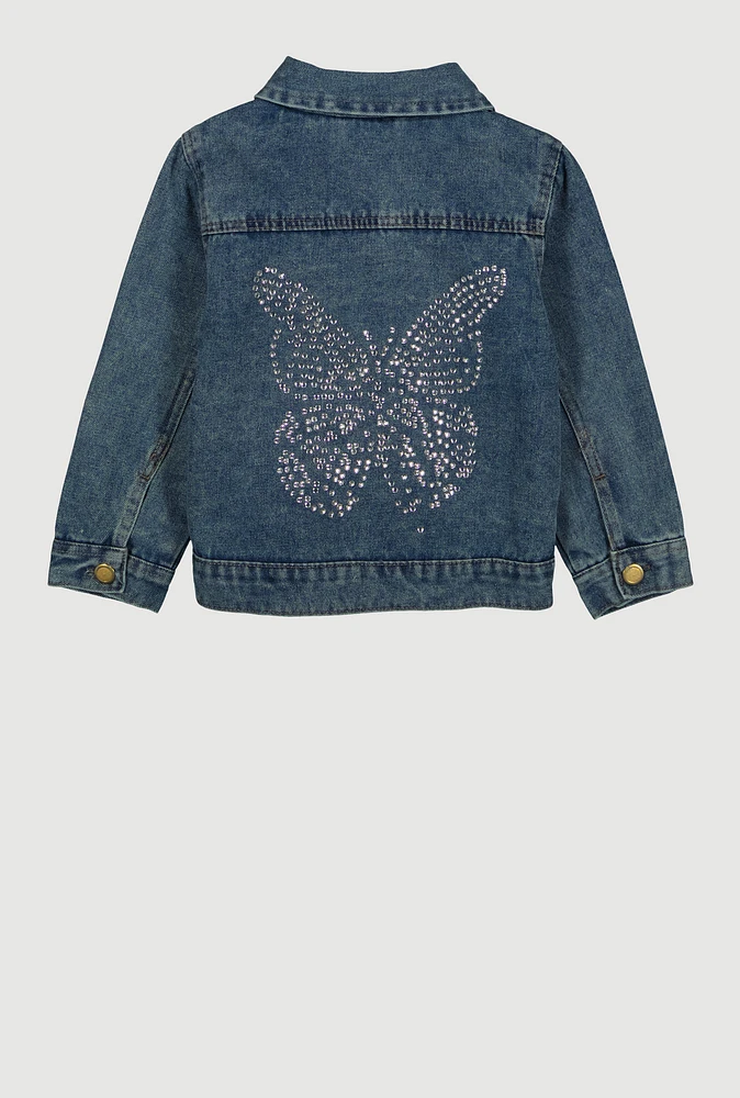 Little Girls Rhinestone Butterfly Distressed Jean Jacket, Blue,