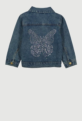 Little Girls Rhinestone Butterfly Distressed Jean Jacket, Blue,