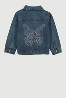 Little Girls Rhinestone Butterfly Distressed Jean Jacket, Blue,