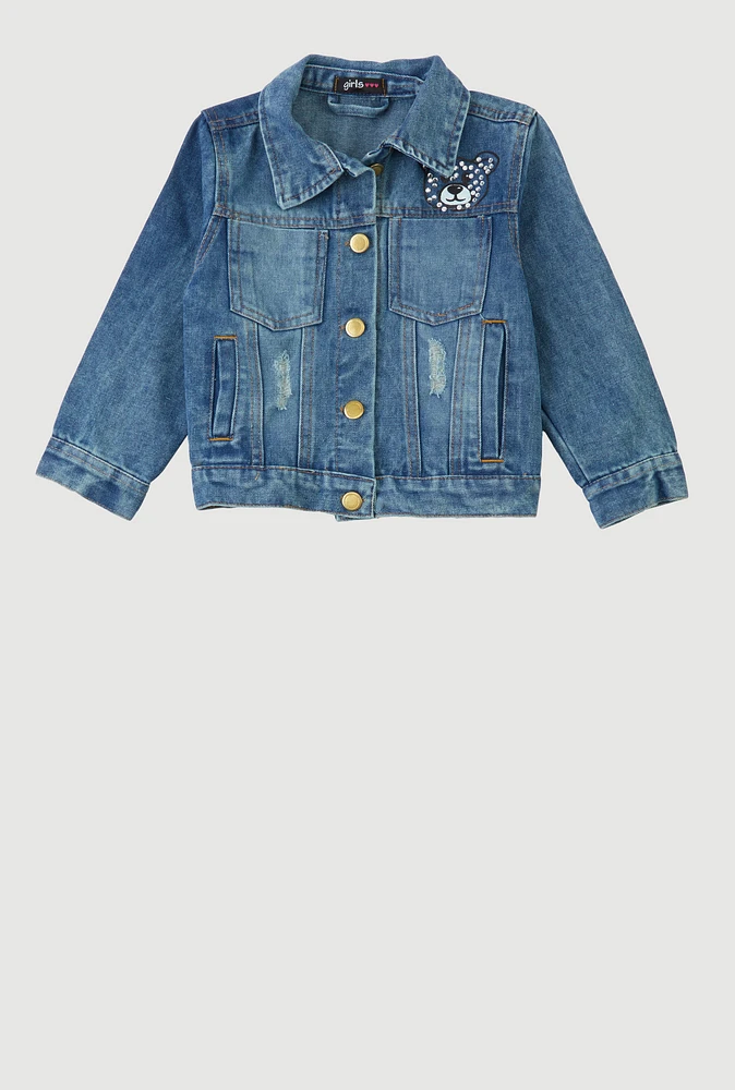 Little Girls Rhinestone Teddy Bear Denim Jacket, Blue, Size 6X