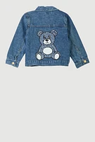 Little Girls Rhinestone Teddy Bear Denim Jacket, Blue, Size 6X