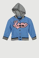 Little Girls Love Chenille Patch Hooded Varsity Jacket, Blue, Size 5-6