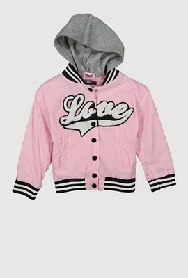 Little Girls Love Chenille Patch Hooded Varsity Jacket, Pink, Size 4